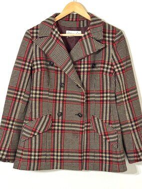 Vtg 70s Womens Plaid Poly Knit Double Breasted Pea Coat Jacket Retro Brown Red